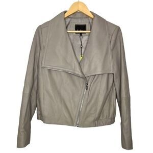 NWT Sam Edelman Grey Zip Up Genuine Leather Moto Jacket, Size S